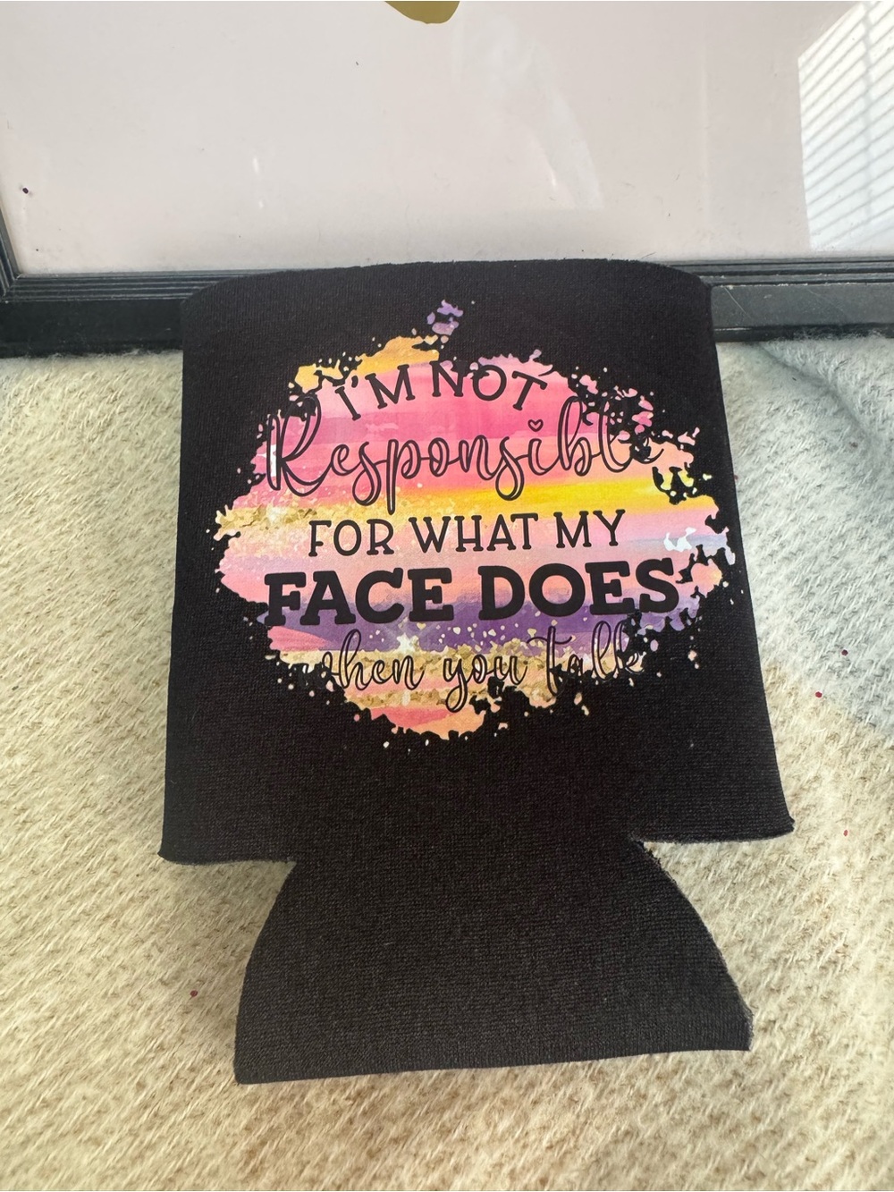 Black Can Koozie with Colorful Watercolor Quote